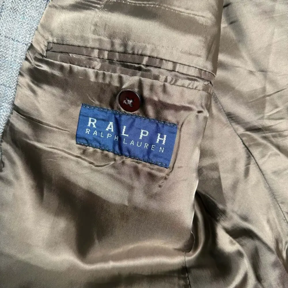 Ralph Lauren Silk Linen Wool Plaid Sport Coat Blazer Jacket Gray Brown 39R